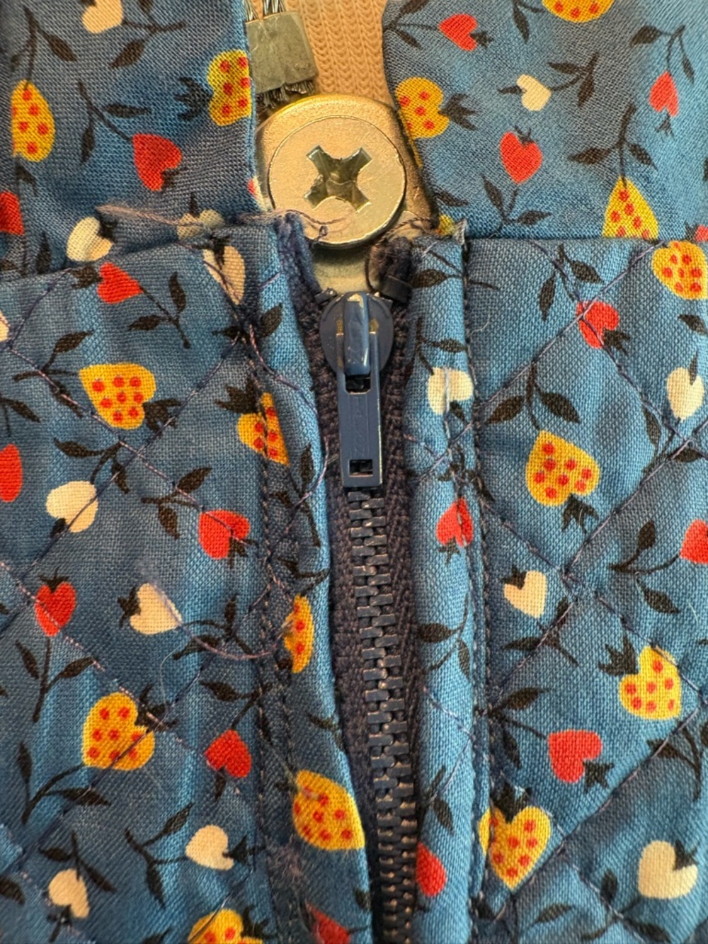 Vintage 50s Blue Floral Quilted Fit-and-Flare Dress with Strawberries and Hearts - Picture 7 of 11